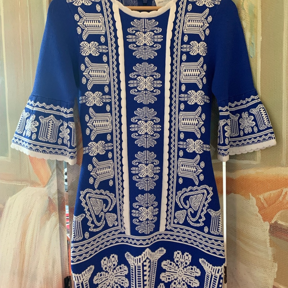 Alice McCall Blue and White Sheath Dress with Bell Sleeves